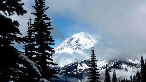 Low angle view of snowcapped mountains against sky