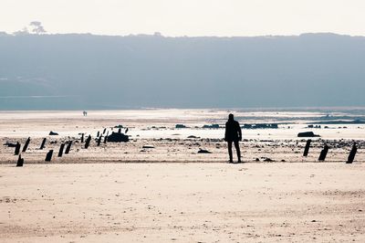 Silhouette men on beach against sky