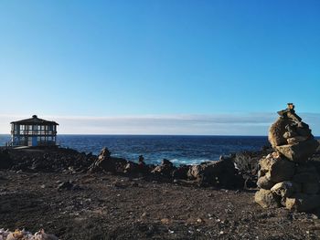 Scenic view of sea against clear blue sky