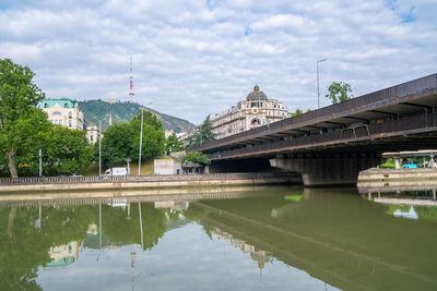 Reflection of bridge and buildings in water