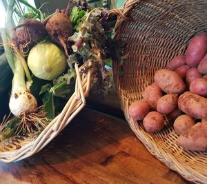 High angle view of vegetables in basket on table