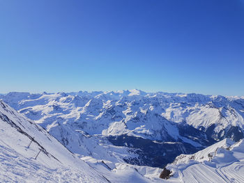 Scenic view of snowcapped mountains against clear blue sky