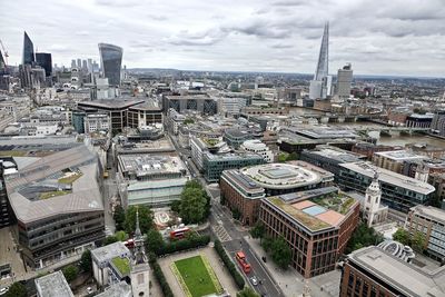 High angle view of buildings in city of london against sky