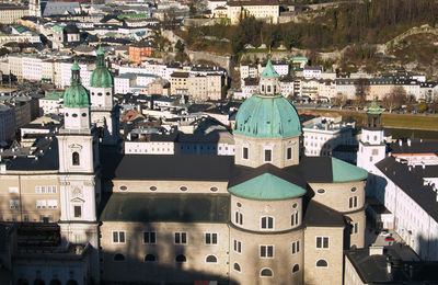 High angle view of old buildings in town