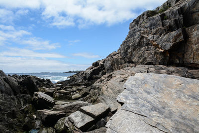 Rock formations by sea against sky