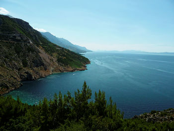 High angle view of calm blue sea against clear sky