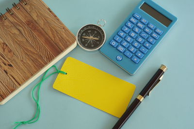 High angle view of objects on table