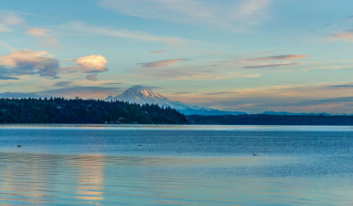 A view of mount rainier across the puget sound in washington state.