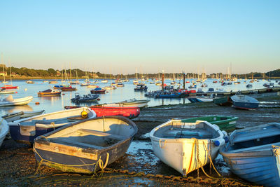 Boats moored at harbor against clear sky