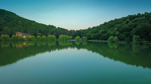 Scenic view of lake by trees against clear sky