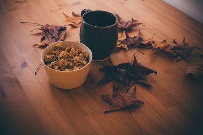 High angle view of dried leaves on table