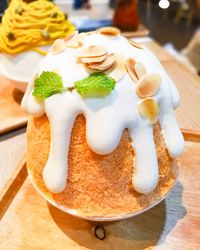 Close-up of cake served on table