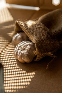 High angle view of garlic bulbs at home 