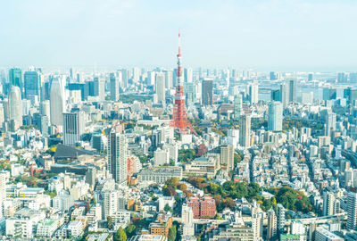 Aerial view of city buildings against sky