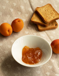 High angle view of breakfast served on table