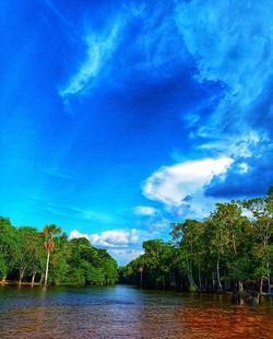 Scenic view of river against blue sky