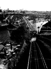 Railway bridge over river against clear sky