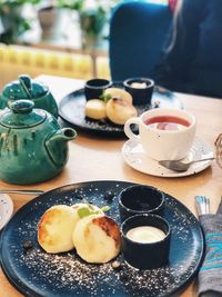 Close-up of breakfast served on table