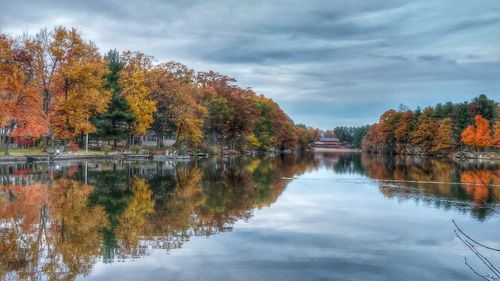 Reflection of trees in lake against sky during autumn