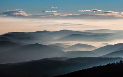 Scenic view of silhouette mountains against sky at sunset