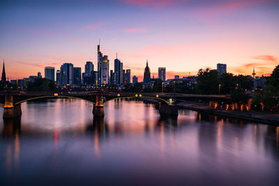 Scenic view of river by buildings against sky during sunset