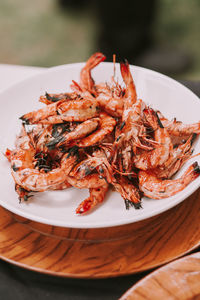 High angle view of prawns in plate on table
