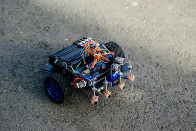 High angle view of remote controlled car on road