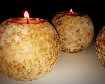 Close-up of lit candle against black background