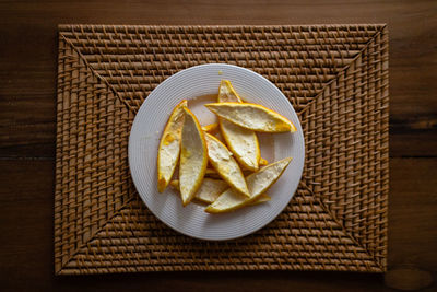 High angle view of food served on table