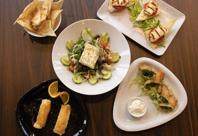 High angle view of breakfast served on table