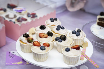 Close-up of cake served on table