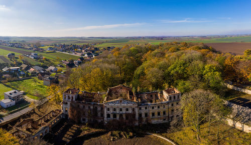 Castle ruin in slawikau, poland. drone photography.
