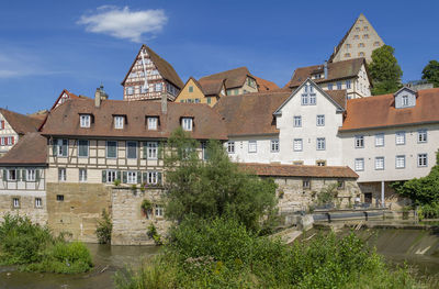 Buildings in town against sky