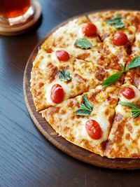 High angle view of pizza on table