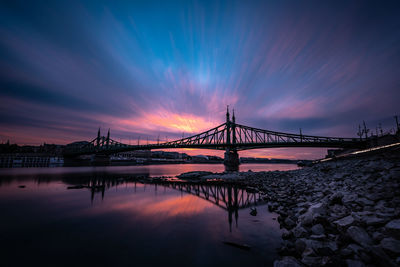 Bridge over river against sky at sunset