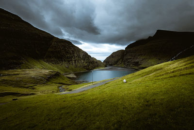 Scenic view of lake and mountains against sky