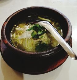 High angle view of soup in bowl