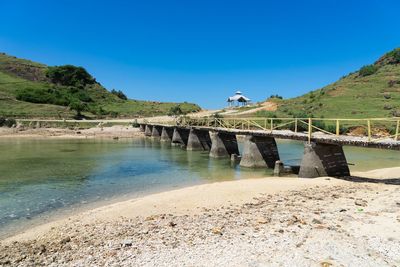 Bridge over river against clear blue sky