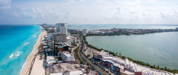 Aerial view of the luxury hotels in cancun