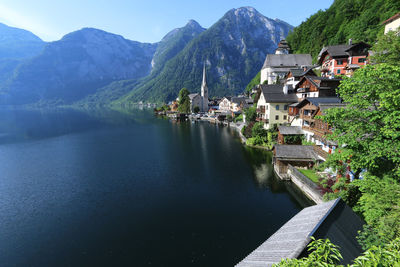 Panoramic view of lake and buildings in town