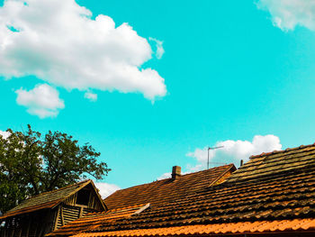 Low angle view of house roof against sky