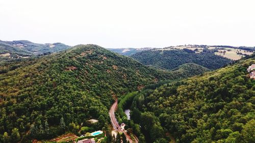 High angle view of mountains against clear sky