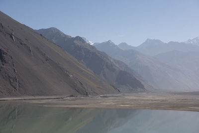 Scenic view of lake by mountains against sky