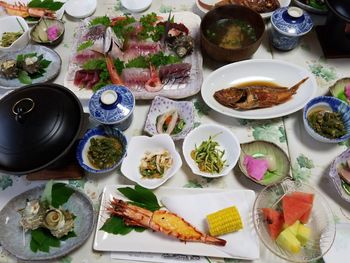High angle view of food served on table