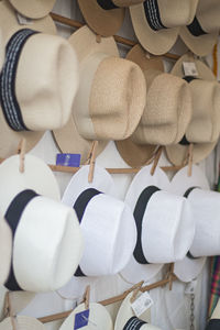 Full frame shot of hats hanging in store for sale