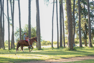 Portrait of father riding horse with his daughters