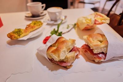 High angle view of breakfast served on table