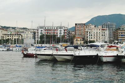 Boats moored at harbor in city