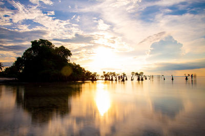 Scenic view of lake against sky during sunset