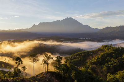 Scenic view of mountains against sky during sunset